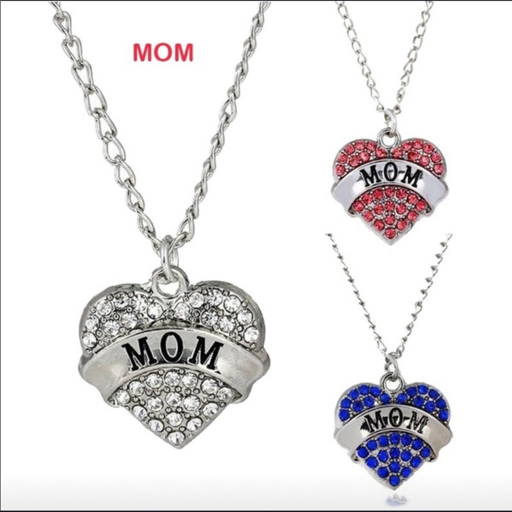 Crystal Heart Pendant Necklace MOM Letters Carved